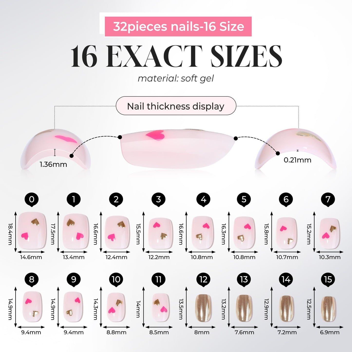 UNA GELLA Square Press On Nails - 32Pcs 16 Sizes Metallic Pink Heart Fake Nails with Glue and Adhesive Tabs, Reusable Glue On Nails Kit for Women Manicure