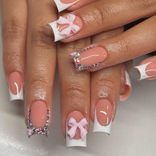 24Pcs French Tip Press on Short Square - 3D Handmade Press on Nails with 3D Flower Bow Rhinestone Charms Design Fake Nails Glitter French Nails Cute Press ons Shiny Bows False Nails for Women