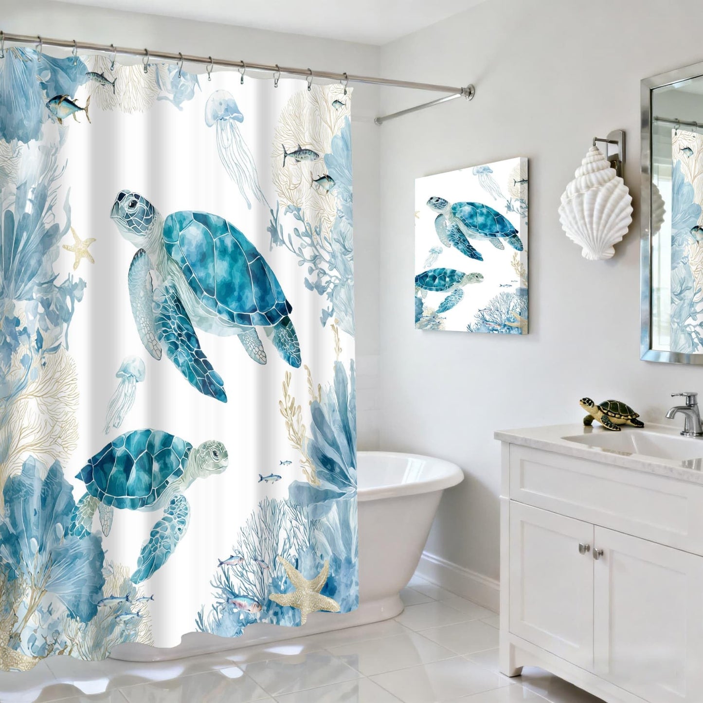 TYTYUU Sea Turtle Shower Curtain for Bathroom, Ocean Themed, Blue, 72x72In