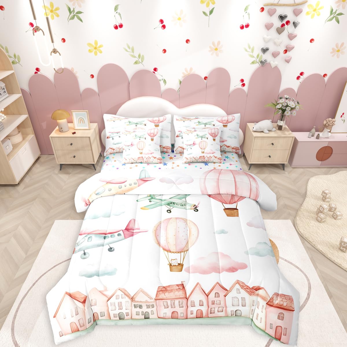 Erosebridal Cartoon Airplane Twin 7 Pcs Bedding Set, Pink Aircraft Comforter Set with Sheets for Girls Kids Youth Women Bedroom, Cute Cat Pink Hot Air Balloon Bed in A Bag, Colorful Cloud Bed Sets