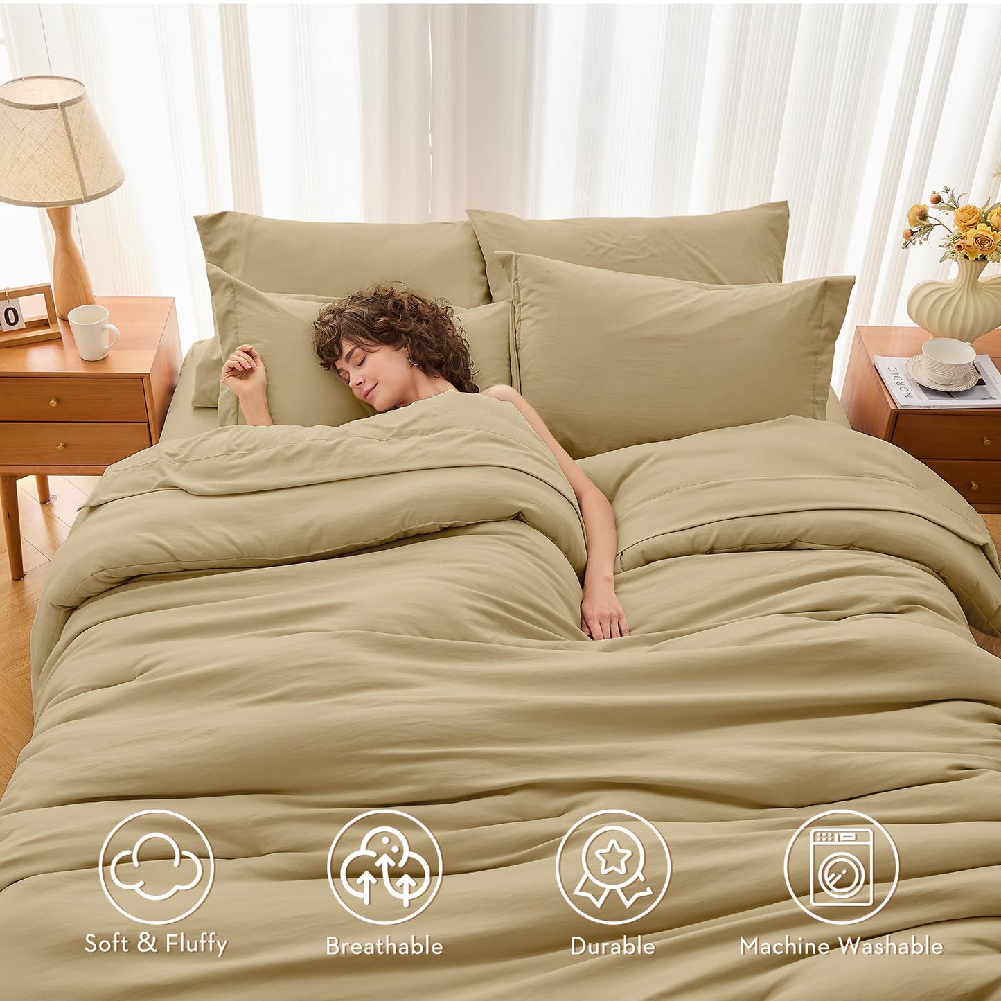 MUXHOMO 7 Pieces King Comforter Set, Soft Bed in a Bag King Size, All Season Bedding Set with Comforter, Flat Sheet, Fitted Sheet, Pillowcases & Shams, Khaki