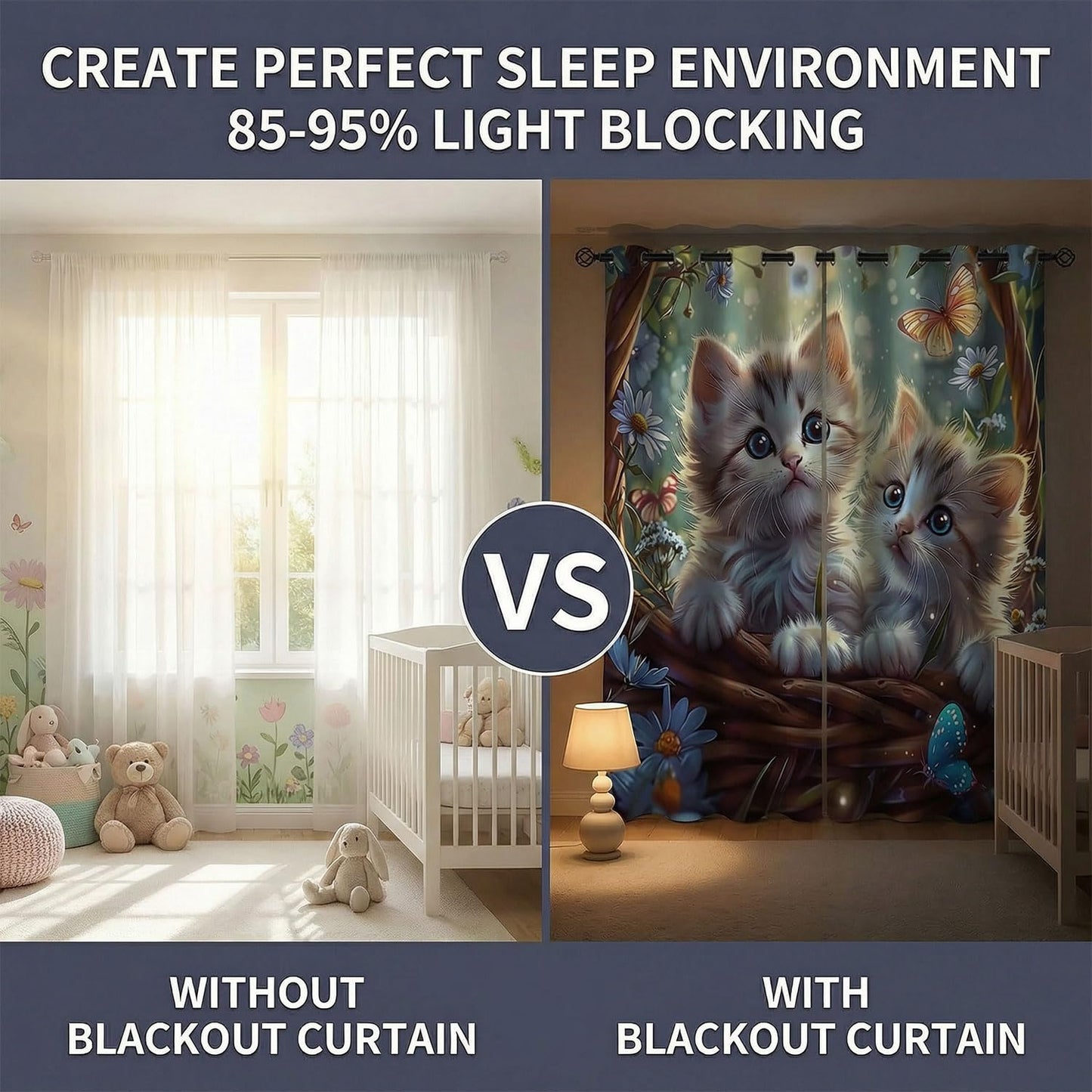 Sordcoz Cat Blackout Curtains for Girls Bedroom — Kawaii Kitty Print Room Darkening Drapes with Silver Grommets, Thermal Insulated 2 Panels Window Curtains for Kids Room & Nursery, 42 x 45 Inch