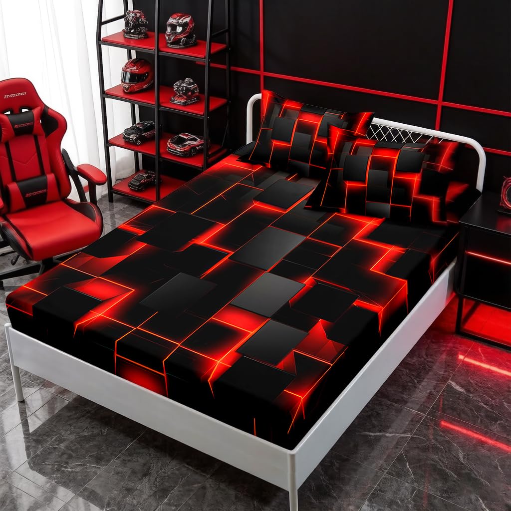 HOSIMA Honeycomb Twin Bedding Sets for Boys,Red Black Geometric Pattern Fitted Sheet for Kids Teens Girls Room Decor,Lightweight Red Neon Lights Bedding Twin Size,1 Fitted Sheet+2 Pillowcases.