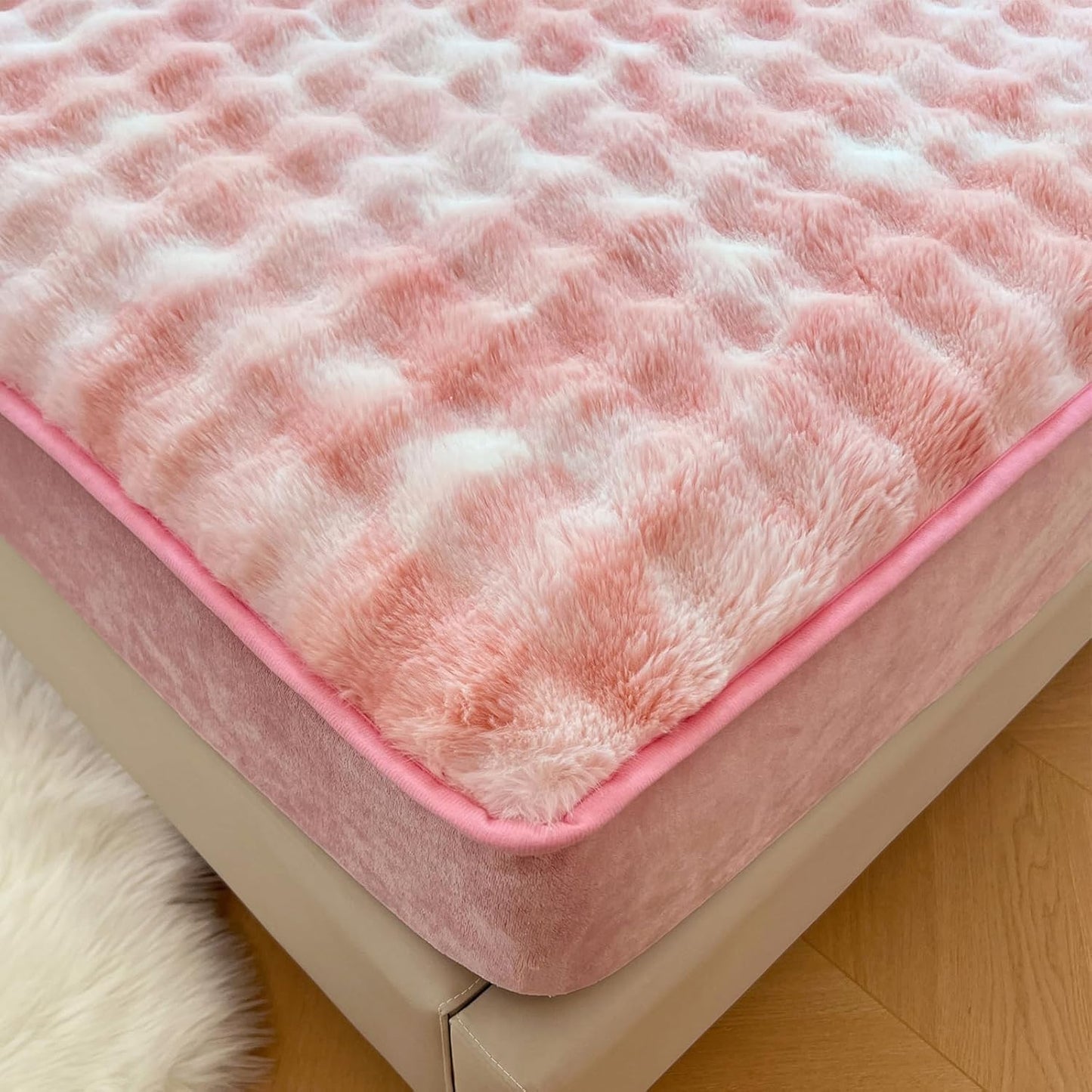 Plush Shaggy Fitted Sheet Full Size-Velvet Fitted Sheet Faux Fur Bottom Sheet with 15" Deep Pocket, Flannel Warm Tie Dyed Mattress Cover,No Pillowcases,Pink