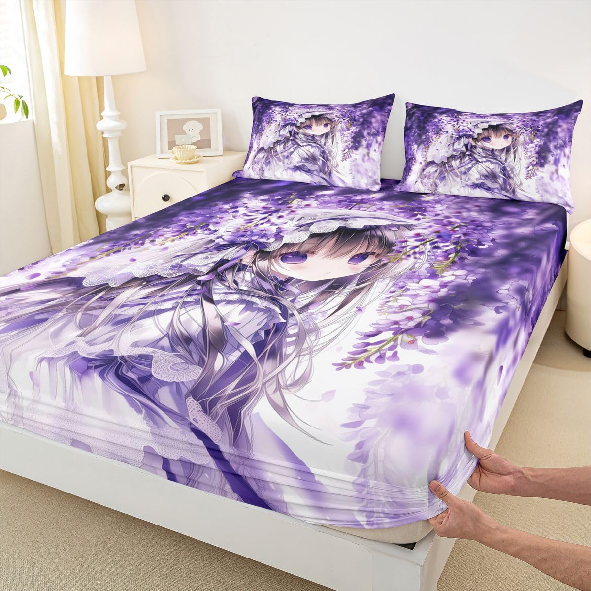 Erosebridal Lilac Flower Girl Bed Sheets Set Purple Spring Floral Sheets Twin,Anime Girl Sheet Set for Boys Girls Cartoon Anime Gift Bedding Sets Bedroom Decor 3 Pieces