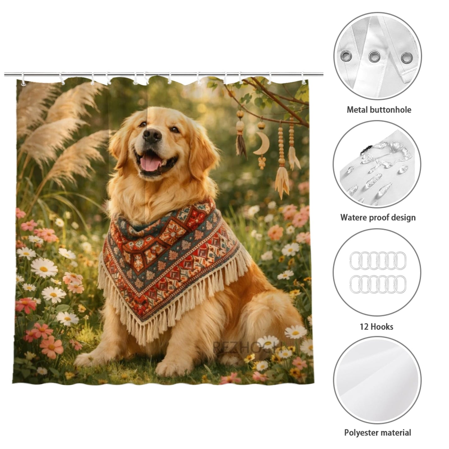 REZHOCH Boho Fun Golden Retriever Shower Curtain 72x72Inch,Cute Floral Daisy Animal Home Bathroom Decor,Rustic Nature Farmhouse Woodland Bohemian Waterproof Fabric Bath Set with Hooks