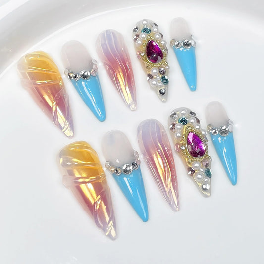 Luxury Handmade Press On Nails Long Stiletto Fake Nails Ombre False Nails with 3D Rhinestones Designs Y2k French Tip Long Almond Acrylic Nails Press Ons for Women 10Pcs (Size M)