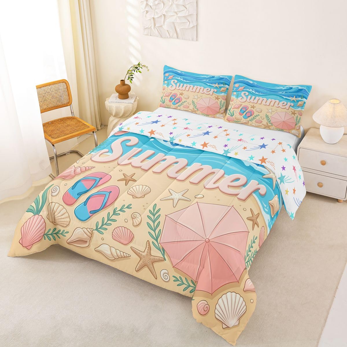 Castle Fairy Queen Size Summer Coastal Starfish Shell Conch Comforter Set with 2 Pillowcases-Blue Flip Flops Bedding for Kids Girls Room Decor,Tropical Hawaiian Beach 3 Pieces All Season Duvet Insert