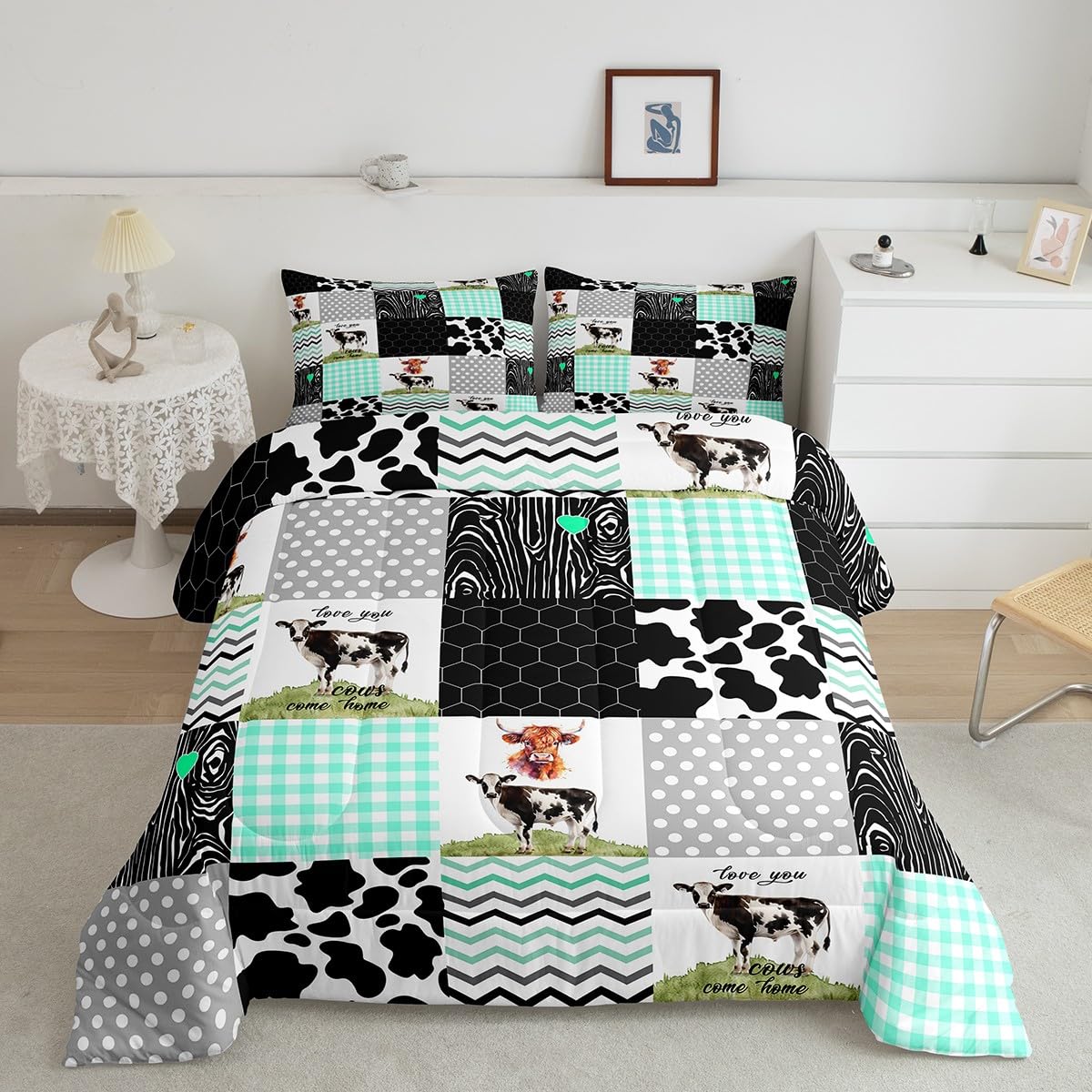 Erosebridal Cute Cow Print Comforter Set Queen Size Kawaii Highland Cow Bedding Set Bedroom Decor Honeycomb Plaid Pattern Geometric Stripes Down Comforter Farm Animals Duvet Set, Green Black Grey