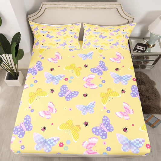 Feelyou Cute Butterfly Fitted Sheet with 1 Pillowcase Twin Size Kawaii Floral Bed Sheets Set 16" Deep Pocket Boys Girls Butterfly Printed Pattern Bedding Cartoon Pink Ladybug Teens Bedroom Decor