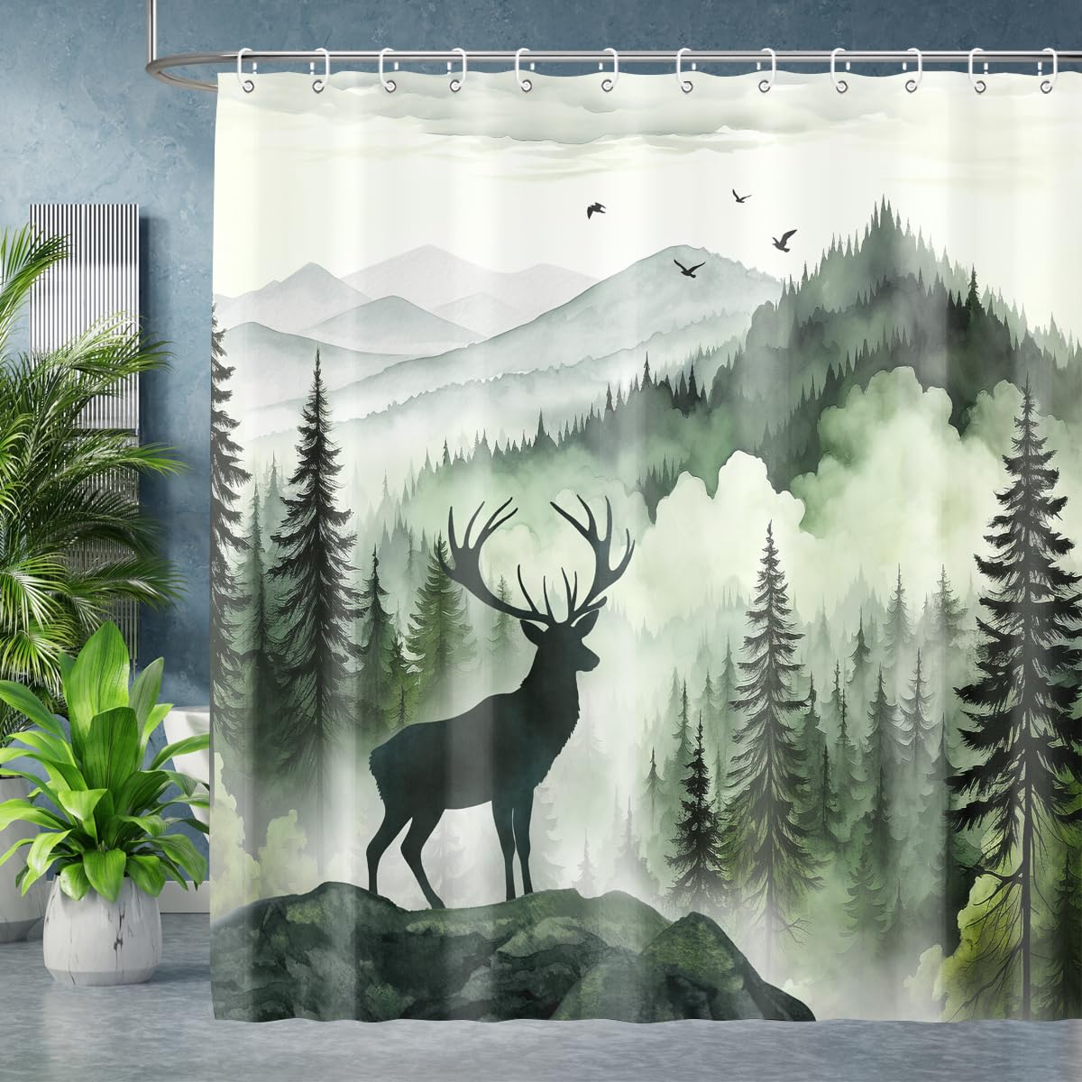 BIYSUC Misty Forest Deer Shower Curtain Nature Mountain Landscape Woodland Animal Bathroom Home Decor Waterproof Polyester Fabric 72Lx72W Inch with Hooks