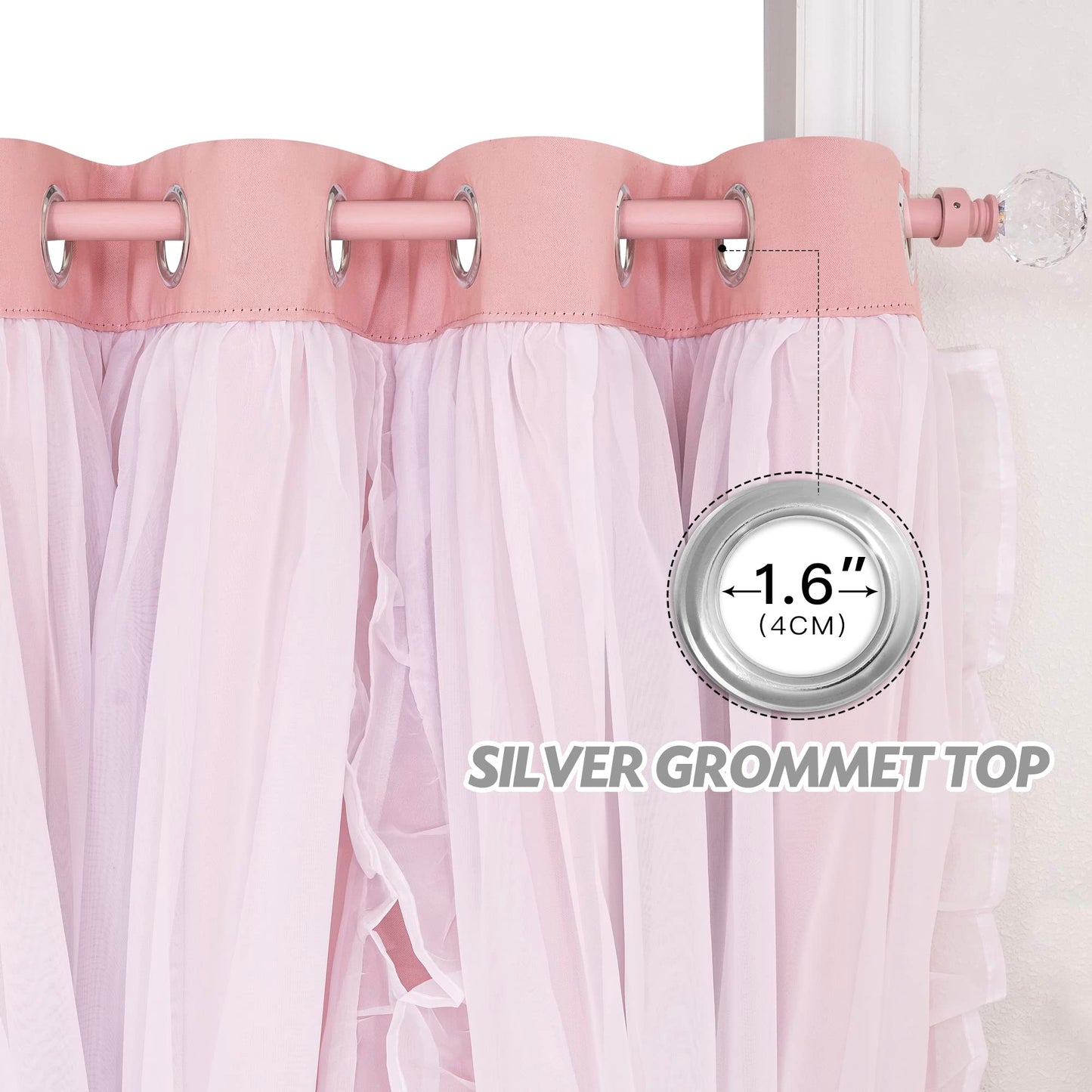 PONY DANCE Pink Blackout Curtains for Nursery, Double Layer Bow Curtains with Ruffle Sheer Overlay for Girls Bedroom, Cute Shabby Chic Kids Toddler Room Decor Drapes Coquette Style, 52x84 inch, 2 PCs