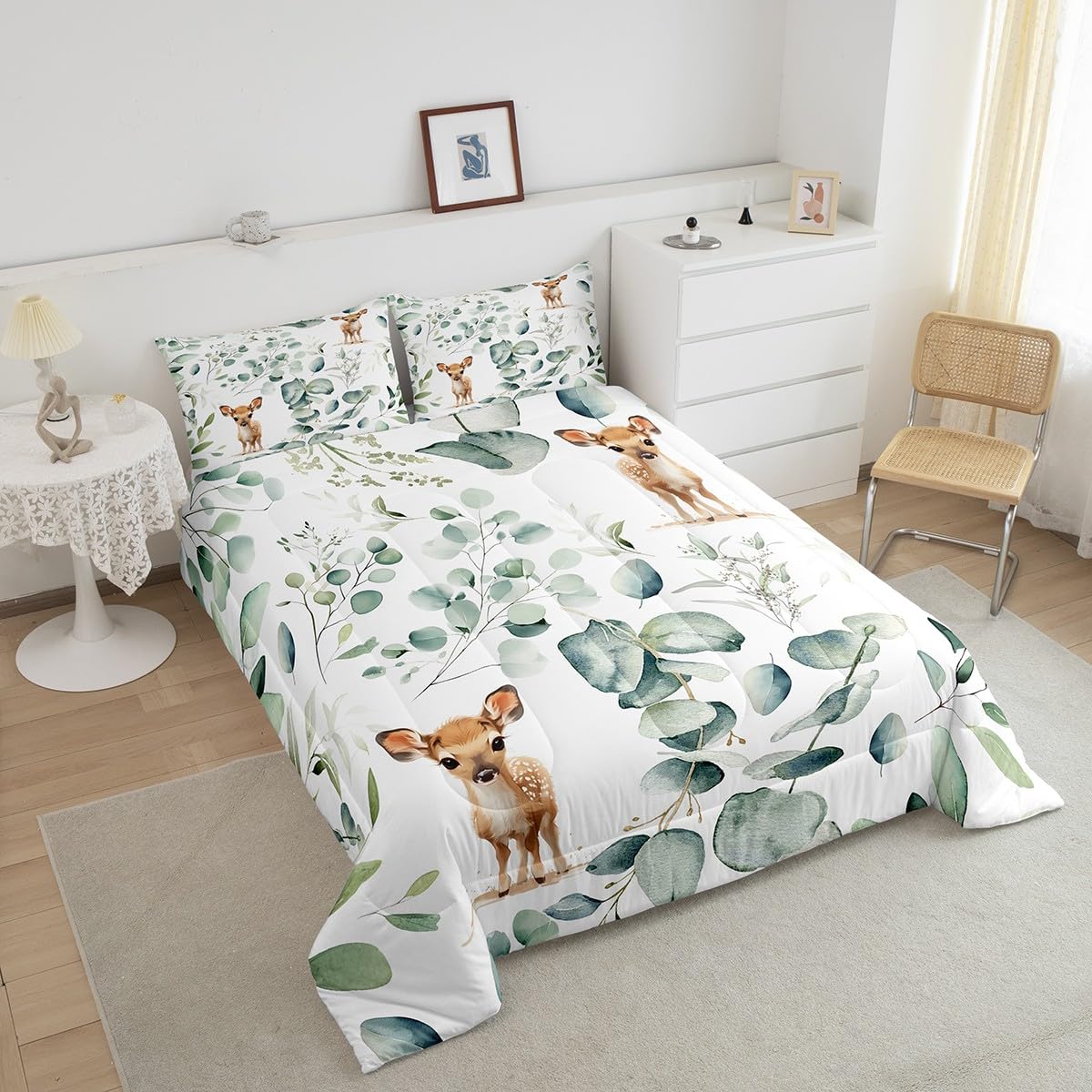 Erosebridal Cartoon Deer Twin Size Comforter Set Toddler Woodland Wildlife Bedding Set, Spring Plant Down Comforter Eucalyptus Leaf Bed Set, Jungle Animal Theme Quilted Duvet Kids Room Decor
