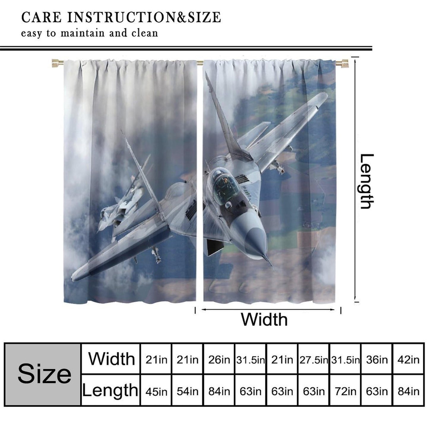 VUMIVI MiG-29 Curtains Modern Fighter Jets Beautiful Design 3D Close-Up Military Equipment Theme Rod Pocket Window Treatments for Boys Bedroom Kitchen Living Dining Room Office 42" W X 44.5" L