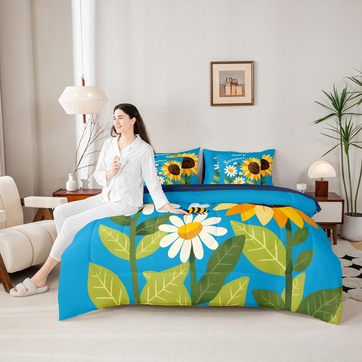 Erosebridal Sunflower Bee Queen Bedding Set Blue Yellow Green Cartoon Daisy Comforter Set Kids Boys Girls Vibrant Summer Floral 7-Piece Bed in a Bag Cheerful Garden Art Quilt Sets