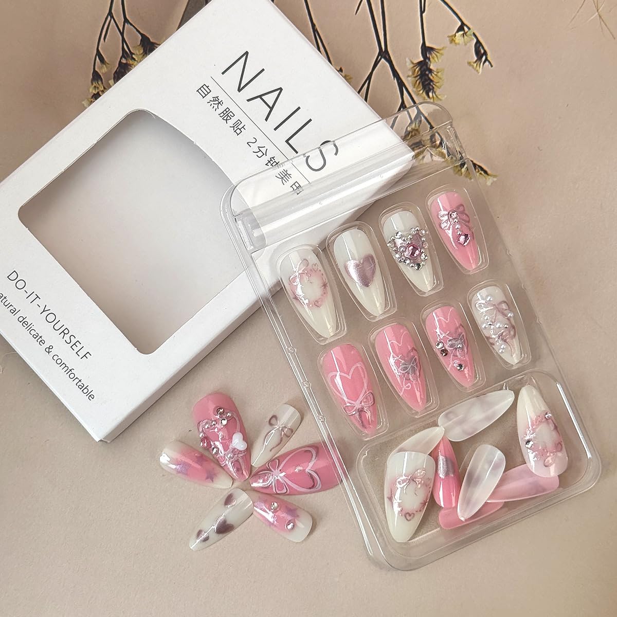 WBRRFJJ 24Pcs Pink Bow Press on Nails Medium Almond Acrylic False Nails with Silver Heart Rhinestones Design Glitter Full Cover Artificial Glue on Nails Handmade Stick on Nails for Women