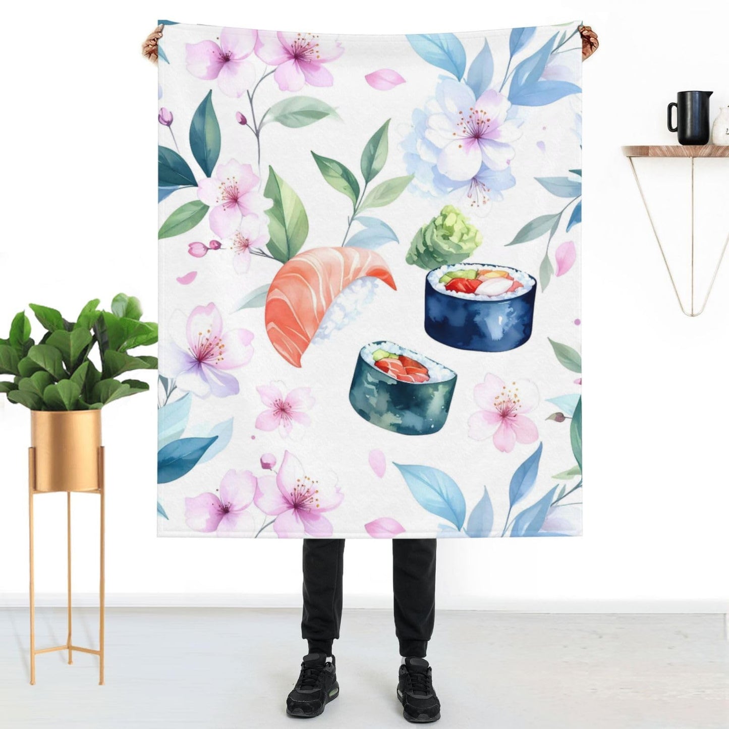 Duuppgo Sushi and Flower Throw Blanket 60x50 Inch – Ultra Soft Anti-Pilling Flannel Blankets, Lightweight & Warm for Sofa, Bed, Camping, Travel