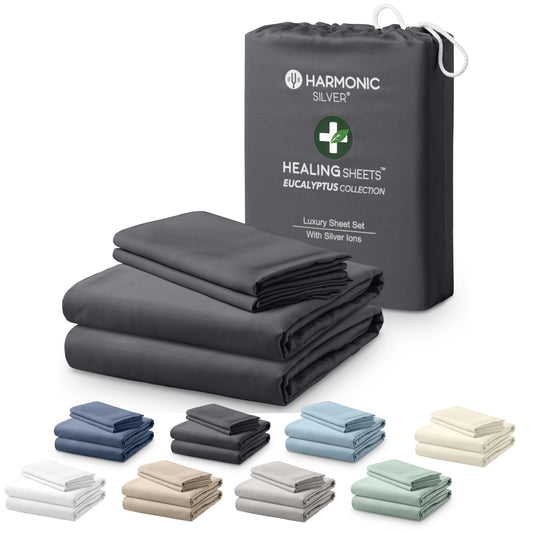 HARMONIC SILVER Eucalyptus Collection Split King Size Sheet w/Silver Ions | 100% Tencel | Ultra Soft | Cooling for Hot Sleepers | 18" Deep Pocket [Charcoal]