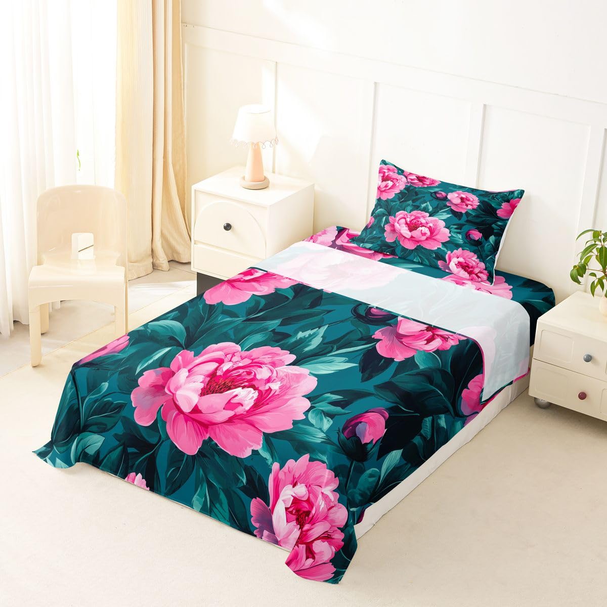 Erosebridal Pink Peony Sheet Set Vintage Bohemian Flowers Twin Sheets Set for Children Boys,Oil Painting Floral Leaves Country Flower Rustic Fitted Sheet