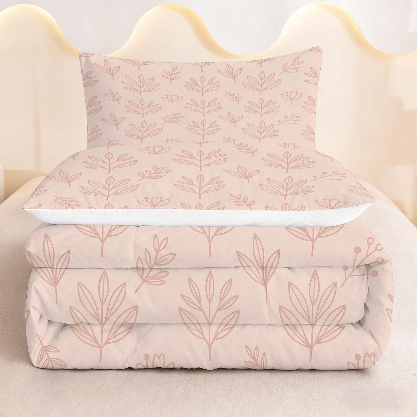 CERYUEE King 3pc Pink Line Leaf Boho Botanical Comforter Set