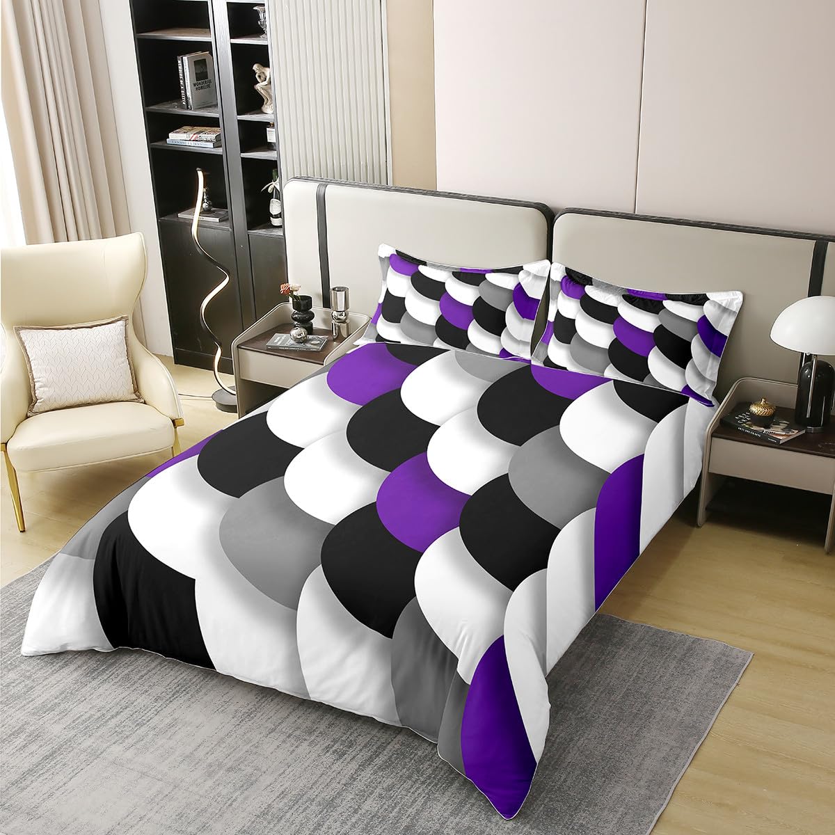 jejeloiu Geometric Bedding Set Queen Size Purple Black White Duvet Cover 100% Cotton for Boys Girls Teens Abstract Art Comforter Cover Soft（No Comforter）