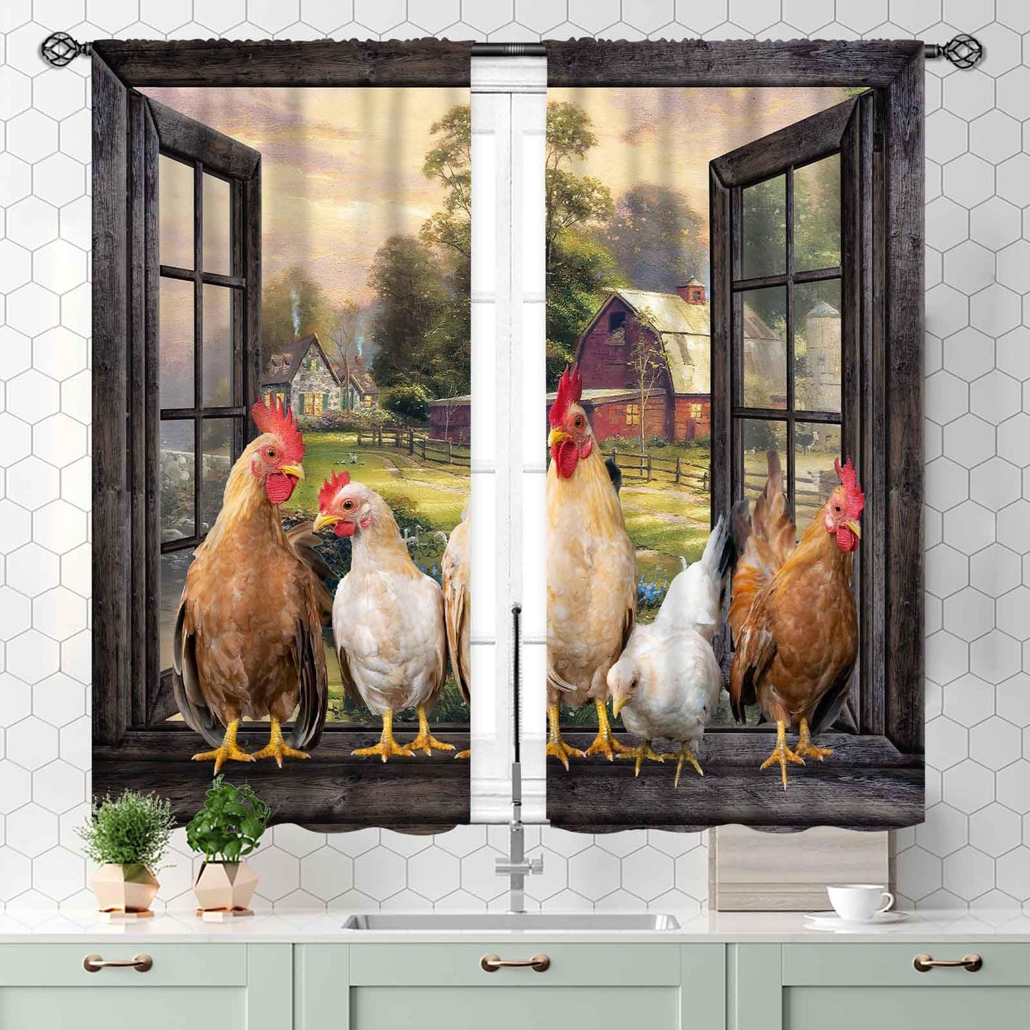 Rooster Kitchen Curtains, Farmhouse Country Farm Animal Rural Rustic Chicken Pattern Printed Blackout Small Short Window Drapery Treatments for Bedroom Living Room Dining Room 2 Panels, 55x39 Inch