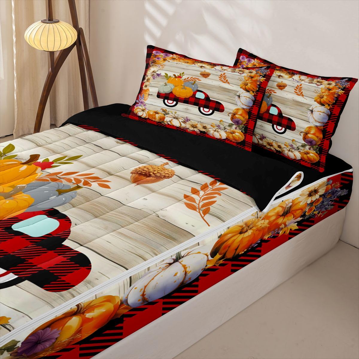Feelyou Halloween Pumpkin Car Queen Comforter Set with Fitted Sheet Kids Farmhouse Autumn Plants Themed Zipper Bedding Pumpkin Day Zipper Bedding Sets Halloween Style Plaid Print Bed in A Bag