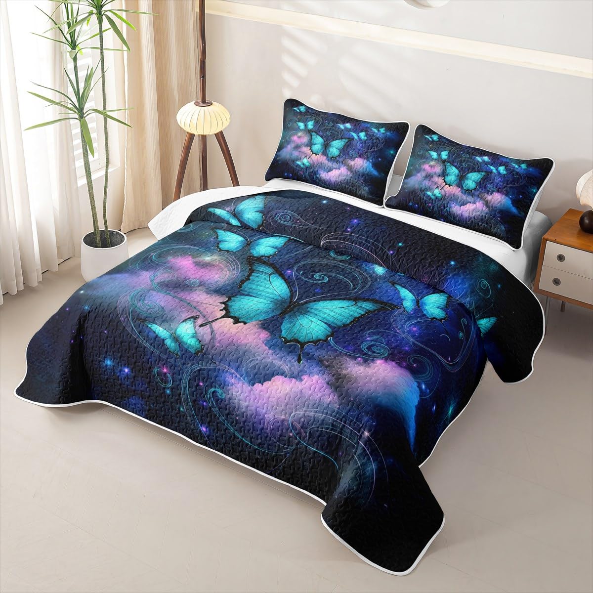 Erosebridal Butterfly Quilt Full Rustic Flower Quilt Set Galaxy Quilted Bedspread with 2 Pillowcases Retro Vintage Romantic Style Bedding Coverlet