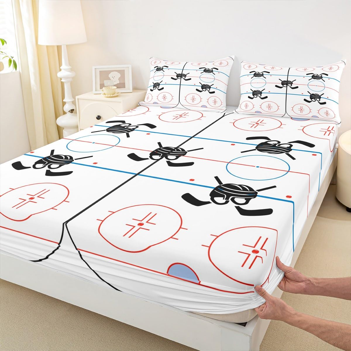 Hockey Stadium Kids Sheet Full Size,Ice Hockey Rink Bedding Set for Boys Girls Adults,Winter Event Sports Lovers Abstract Vivid White Bed Sheet Set 4pcs(Fitted Sheet + Flat Sheet + 2 Pillowcases)