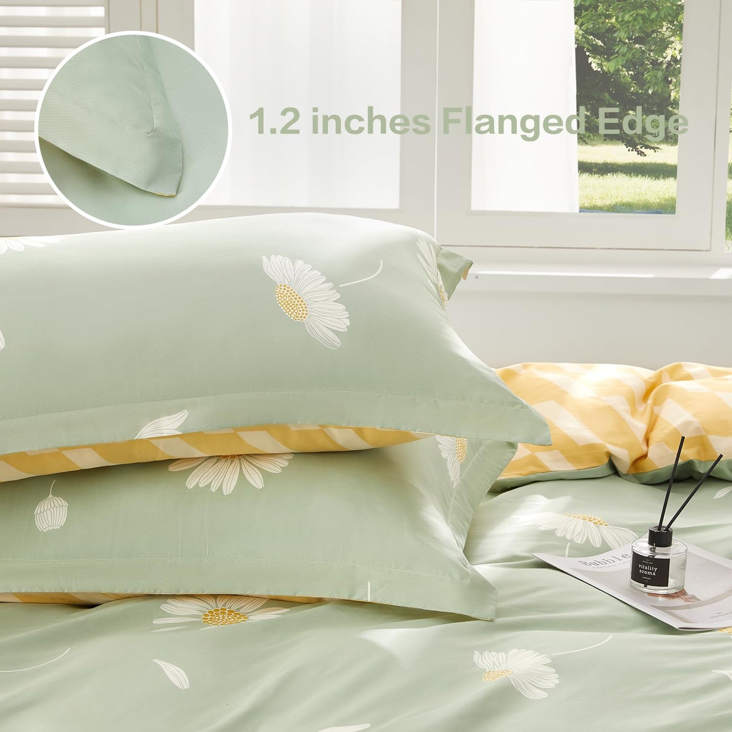 SAPHREAS Floral Daisy Duvet Cover Set Full Size 3pcs Sage Green White Flower Bedding Comforter Cover Set 100% Cotton 1 Duvet Cover 90"x80" 2 Pillow Shams, Comforter Not Included