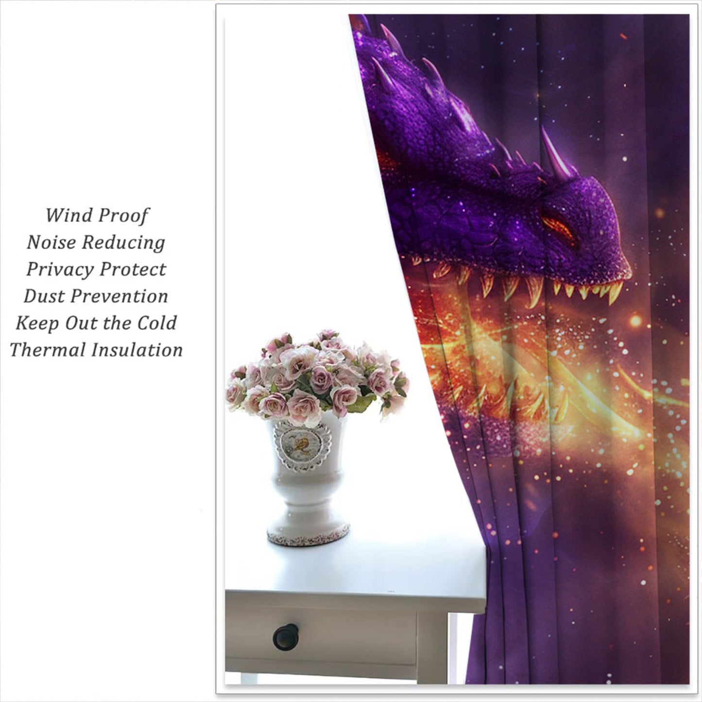 PYMATYTN Dragon Blackout Curtains for Boys Girl Bedroom Decor,Fantasy Creature Breathing Fire Thermal Insulated Rod Pocket Drapes Darkening Window Curtain for Living Room Home 55x63 inch