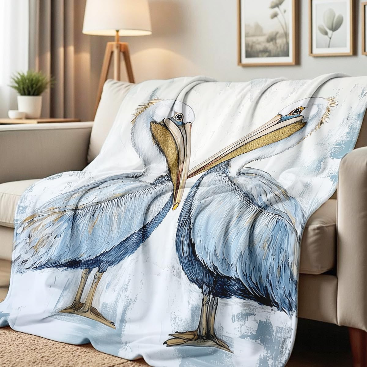 HUNXIAOJ Pelican Throw Blanket for Couch Bed Coastal Bird Print Flannel Blanket Soft Warm Beach Themed Animal Throw for Bedroom Home Decor Pelican Gifts (49"x59")