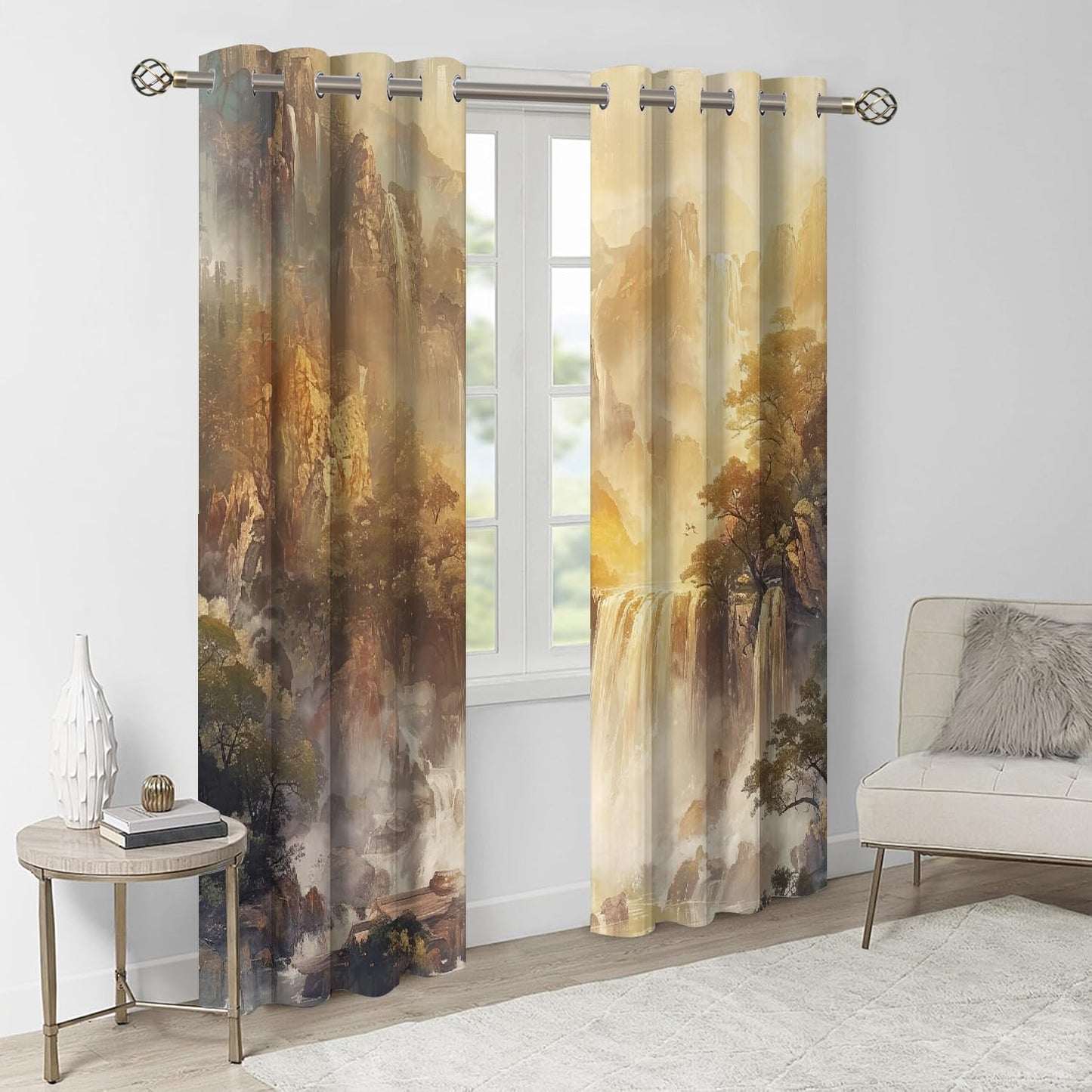 Forest Waterfall Scenery Blackout Curtains, Bright Towering Peaks 3D Print Top Grommet Drapes, Window Curtain Set of 2 Panels, Energy Saving Drapes for Living Room Kitchen Cafe(42" W x 63 "L)