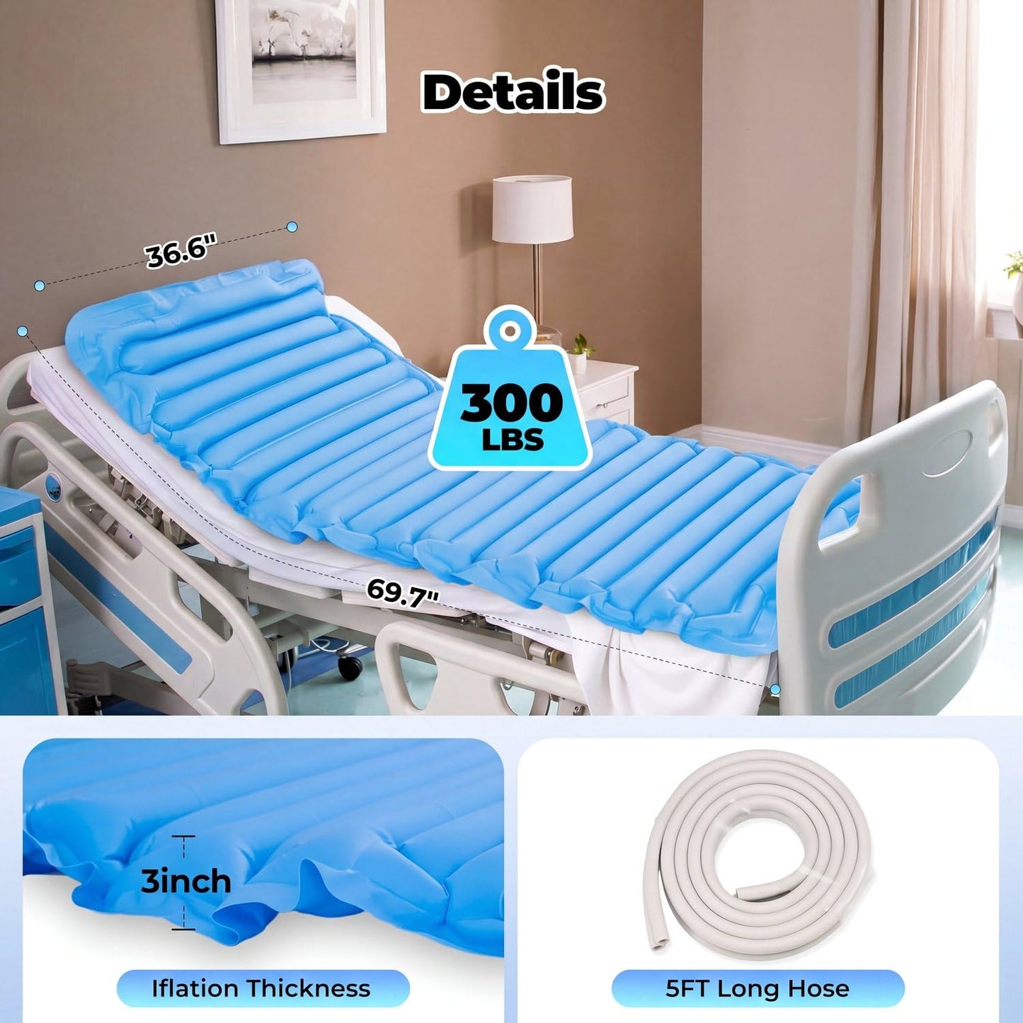 Careboda Alternating Air Pressure Mattress Pad, Hospital Bed Mattress Topper with Silent Pump, Bed Sore Prevention Solution, Waterproof Air Pressure Mattress for Bed Sores at Home/Hospital