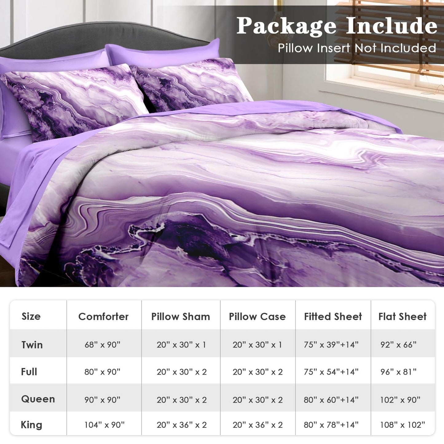 Pamnest Comforter Set Queen Size, Purple Marble Black Gold 7 Pcs Bedding Set for Kids and Adults, Painting Pink Bed Sheet Sets with Fitted Sheet 2 Pillowcase & 2 Sham for Bedroom Bed Decor