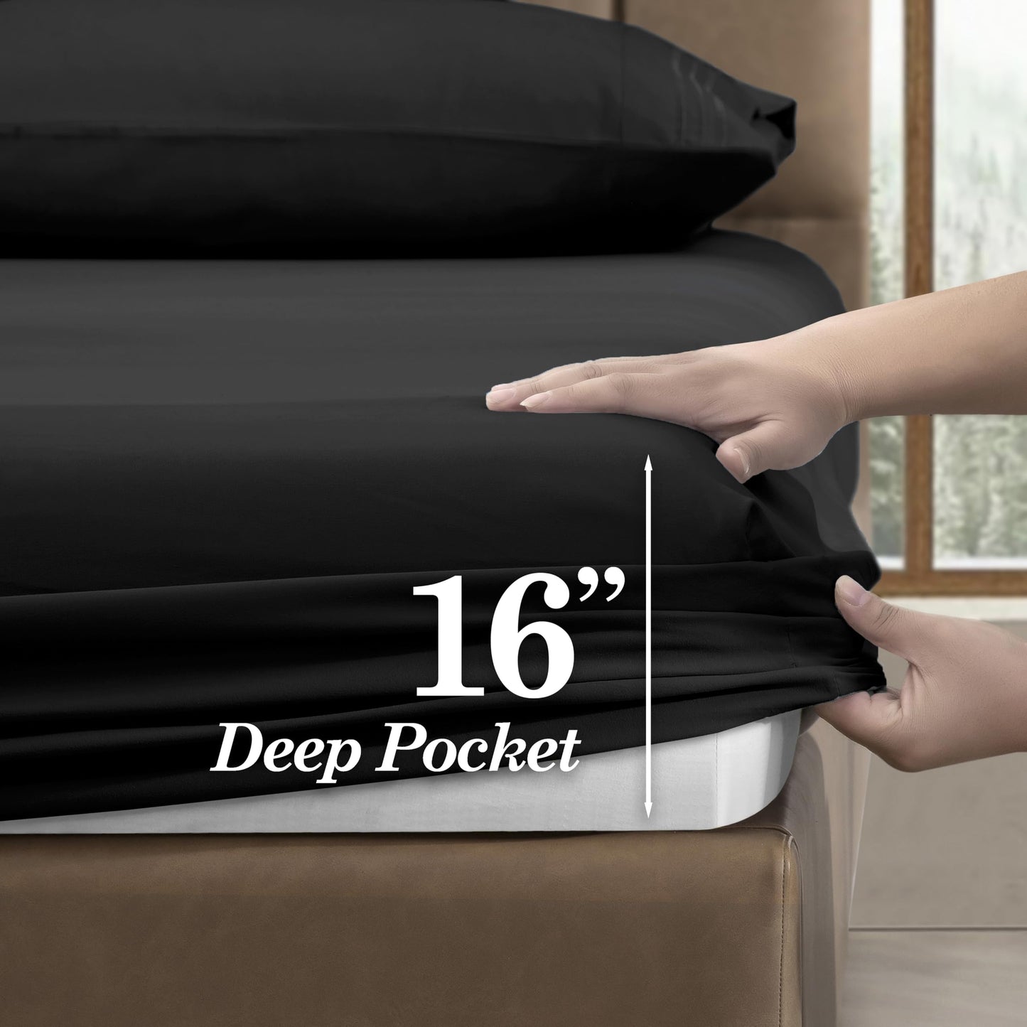 CELINE LINEN Premium 1800 Hotel Quality Wrinkle-Resistant 4-Piece Microfiber Sheet Set - Luxury Ultra Soft and Breathable Bedding 16 Inch Deep Pocket 4PC Sheet Set, King, Black