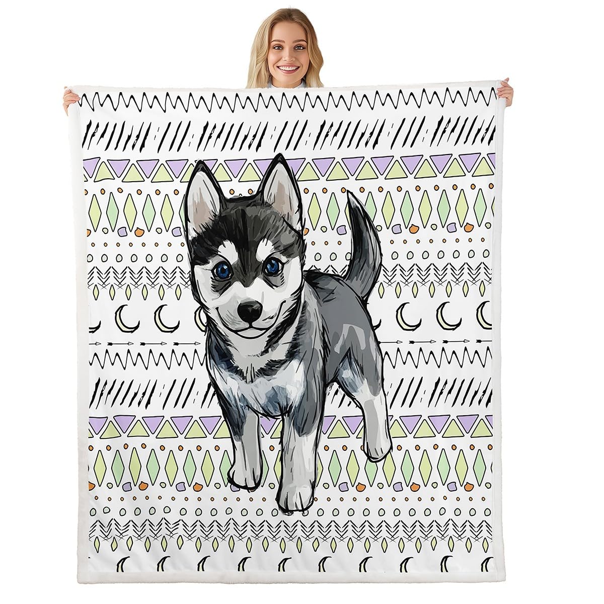 Erosebridal Cartoon Husky Fleece Blanket Western Geometric Aztec Sherpa Blanket 90"x90", Cute Puppy Pet Kawaii Animal Pup Dog Fuzzy Plush Throw