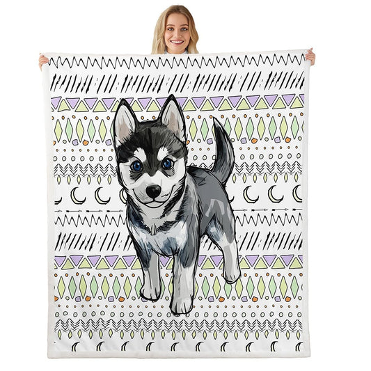 Erosebridal Cartoon Husky Fleece Blanket Western Geometric Aztec Sherpa Blanket 90"x90", Cute Puppy Pet Kawaii Animal Pup Dog Fuzzy Plush Throw