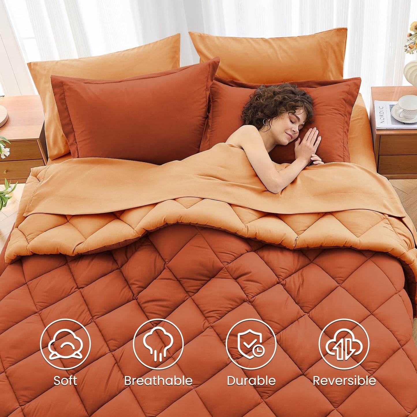 MUXHOMO 7 Pieces Queen Comforter Set, Reversible Bed in a Bag Queen Size, All Season Bedding Set with Comforter, Flat Sheet, Fitted Sheet, Pillowcases & Shams, Burnt Orange & Camel