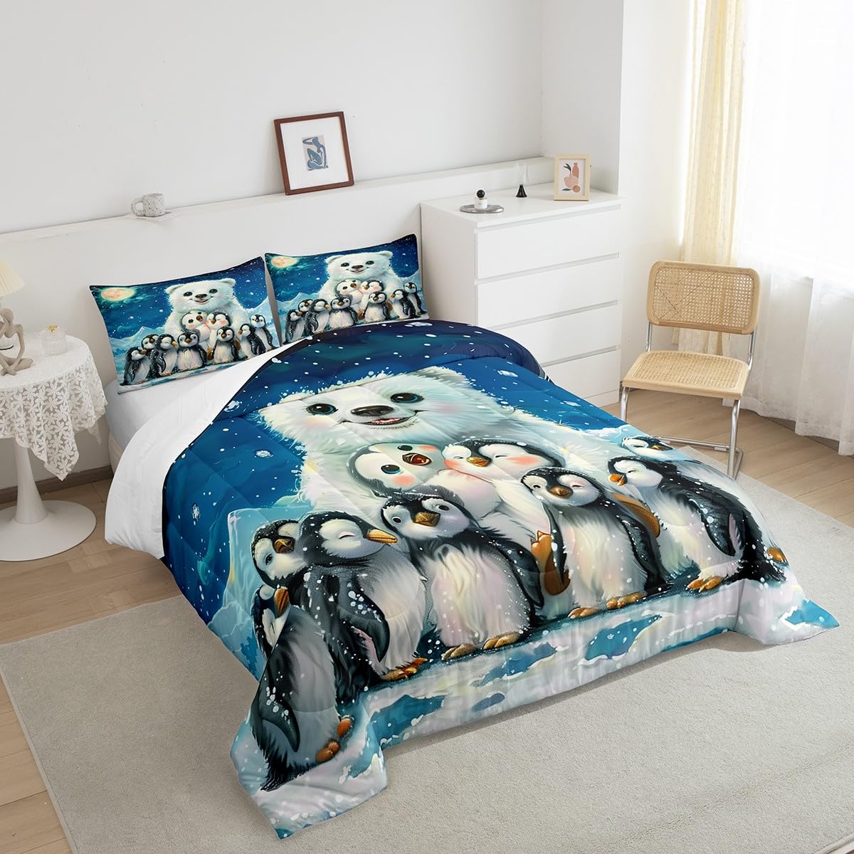 Polar Bear Penguin Comforter Set Queen Size,Galaxy Cartoon Wildlife Bedding Set,Kids Boys Girls Room Decor,Cute White Bear Quilt Set Winter Snowy Wild Animals Theme Blue Duvet Insert,2 Pillowcases