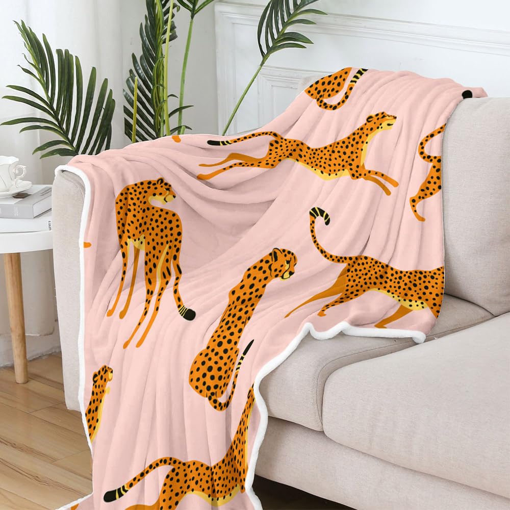 Uokiuki Boho Leopard Throw Blankets, Tropical Animal Cheetah Cozy Warm Bed Couch Blanket, Pink White Fleece Flannel Throws to Decorate the Room and Bedroom