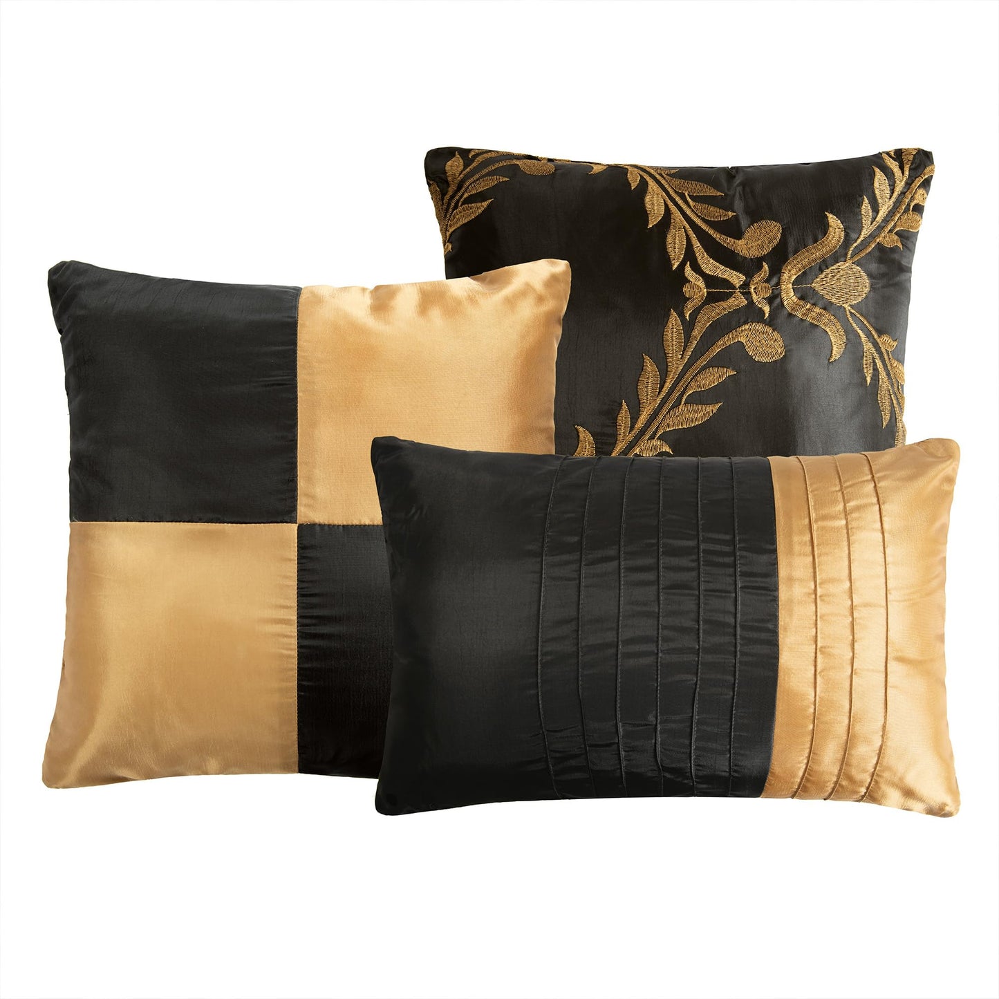 HIG 7 Piece Bed in A Bag Comforter Set Queen - Black and Gold Faux Silk Fabric Embroidered - Breathable and Wrinkle Resistant -1 Comforter, 2 Shams, 3 Decorative Pillows, 1 Bedskirt