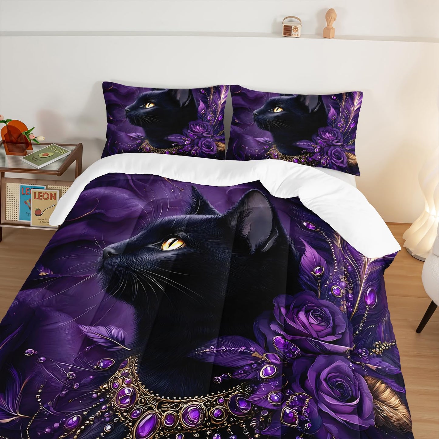 HOSIMA Cat Twin Size Comforter,Black Cat Wearing Diamond Necklace Print Animal Bedding for Women Girls Room Decor,Flowers and Feather Pattern Aesthetic Comforter with 2 Pillowcases.