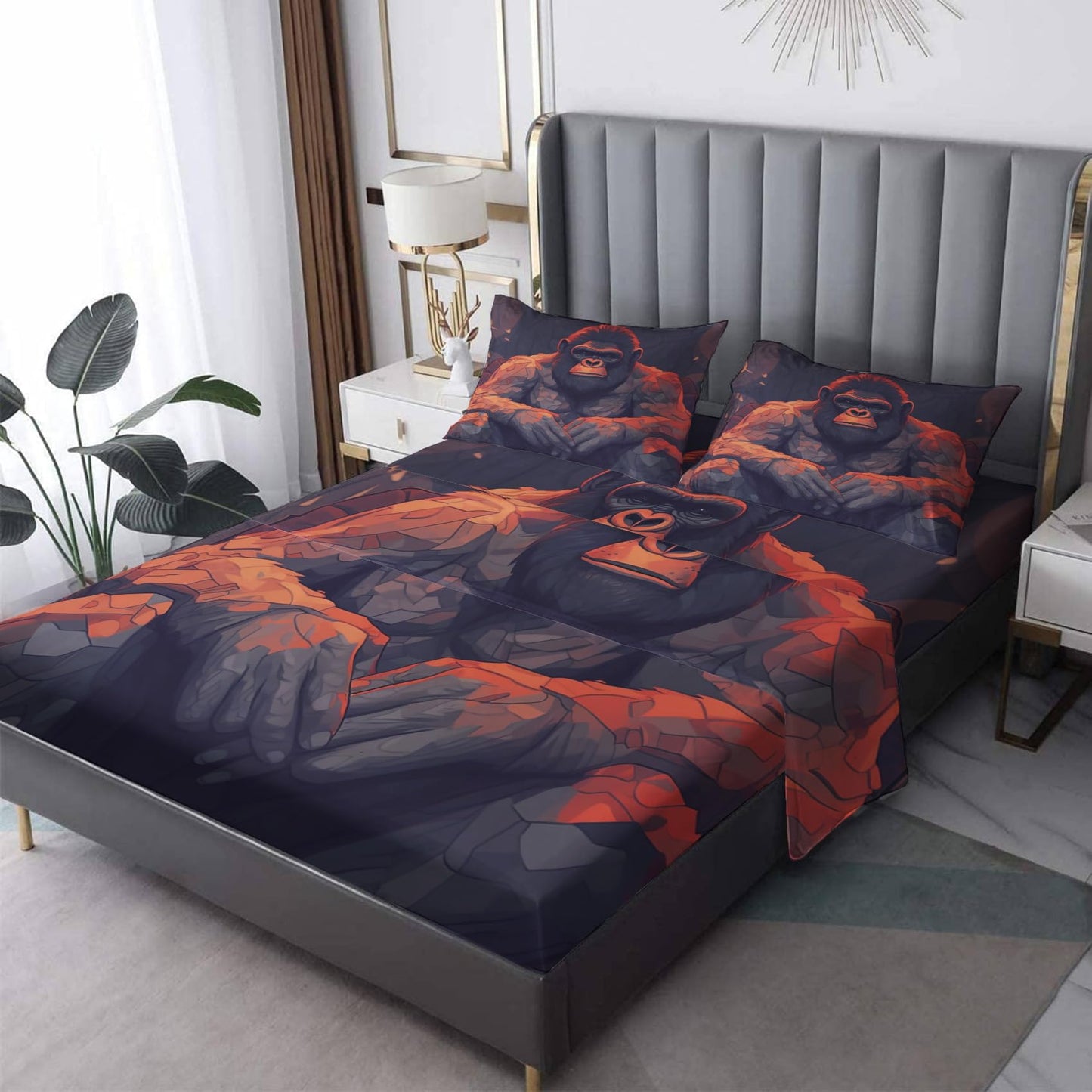 Gorilla Sheets Queen Size, Chimpanzee Bed Sheets, Patterned Bedding Sheets & Pillowcases 4 Piece Set - Soft Microfiber Deep Pocket Fitted Sheet & Flat Sheet & 2 Pillow Cases H-8&-242