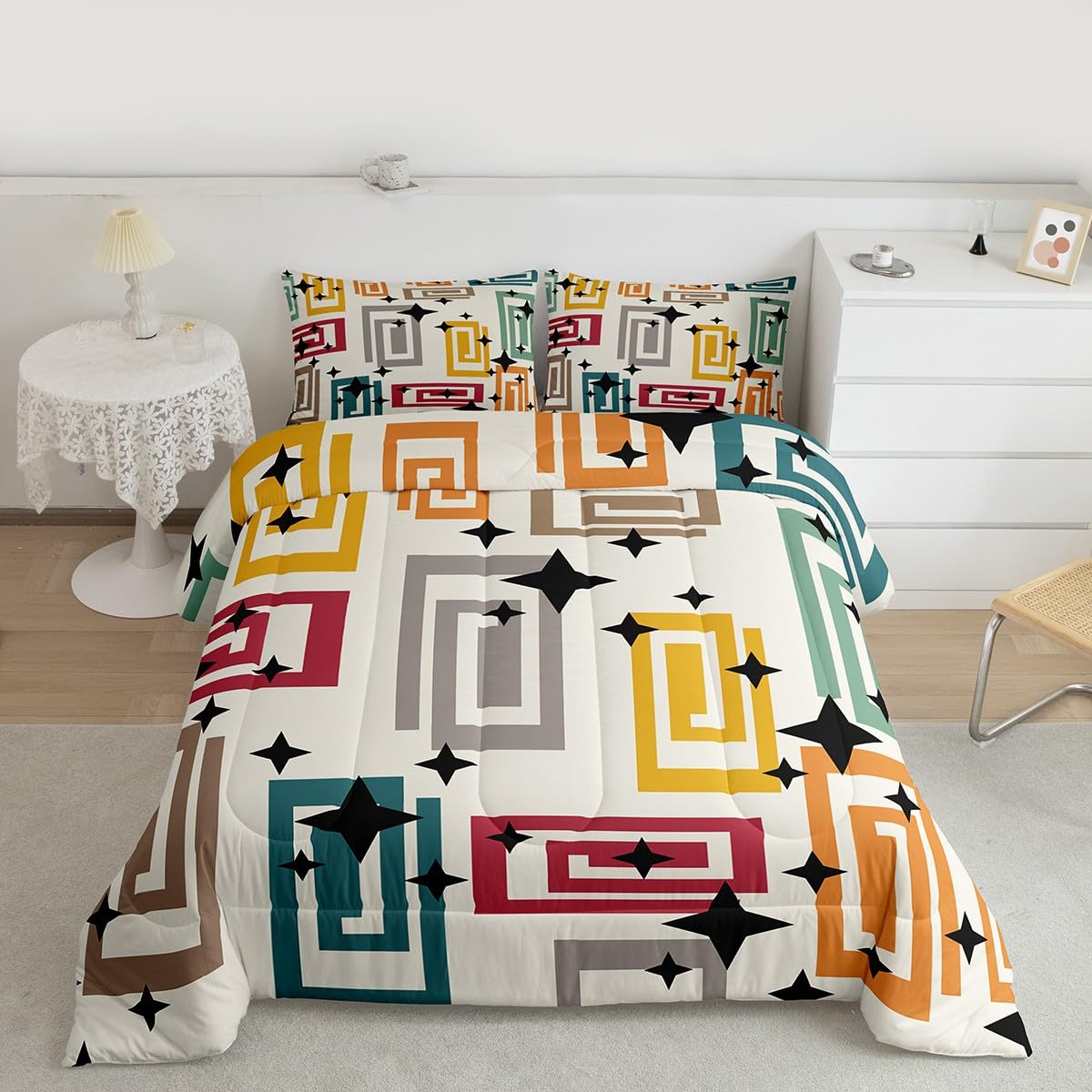 Erosebridal Boho Abstract Geometric Bedding Set King Colorful Geometric Pattern Comforter Set for Kids Boys Girls Black Stars Print Down Comforter,Bohemia Modern Art Quilt Duvet