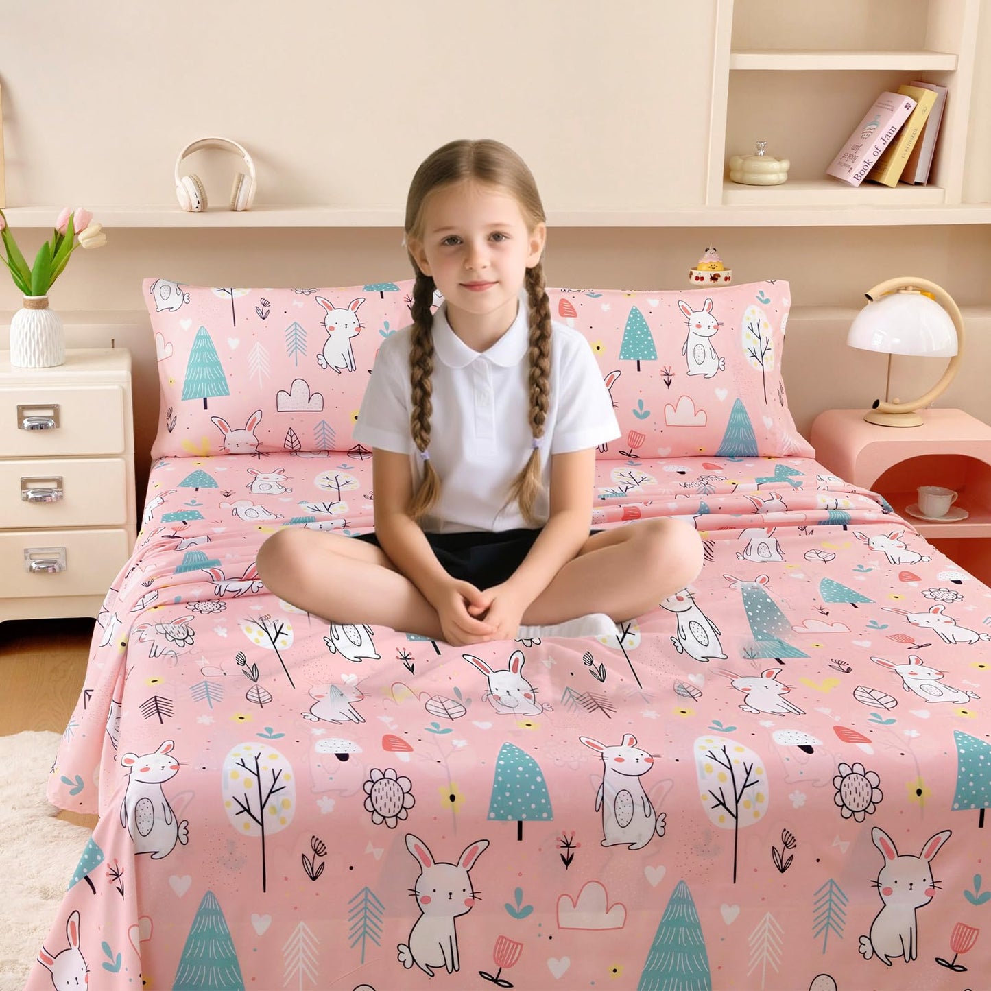 MICORAL Kids Twin Sheet Set Bunny, 3 Pieces Sheets for Boys & Girls, Soft Printed Microfiber Bed Sheets, Deep Pocket Cozy Toddler Bedding Set