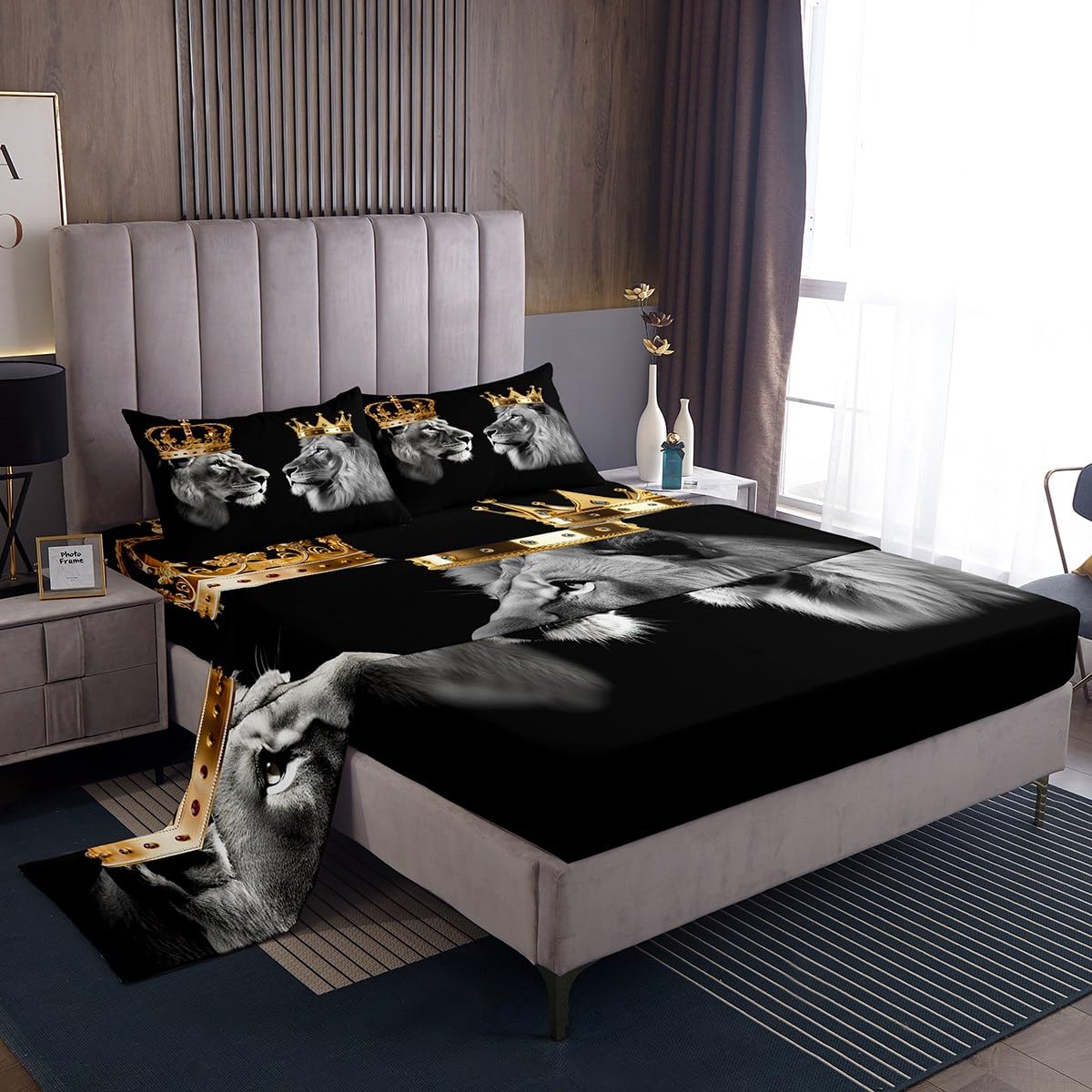 Castle Fairy Wild Lion Couple Bed Sheets King Size,Gold King and Queen Crown,Quality Brushed Microfiber Luxury Bed Sheet with Flat,Tropical African Animal Fitted Sheet, with 2 Pillowcases