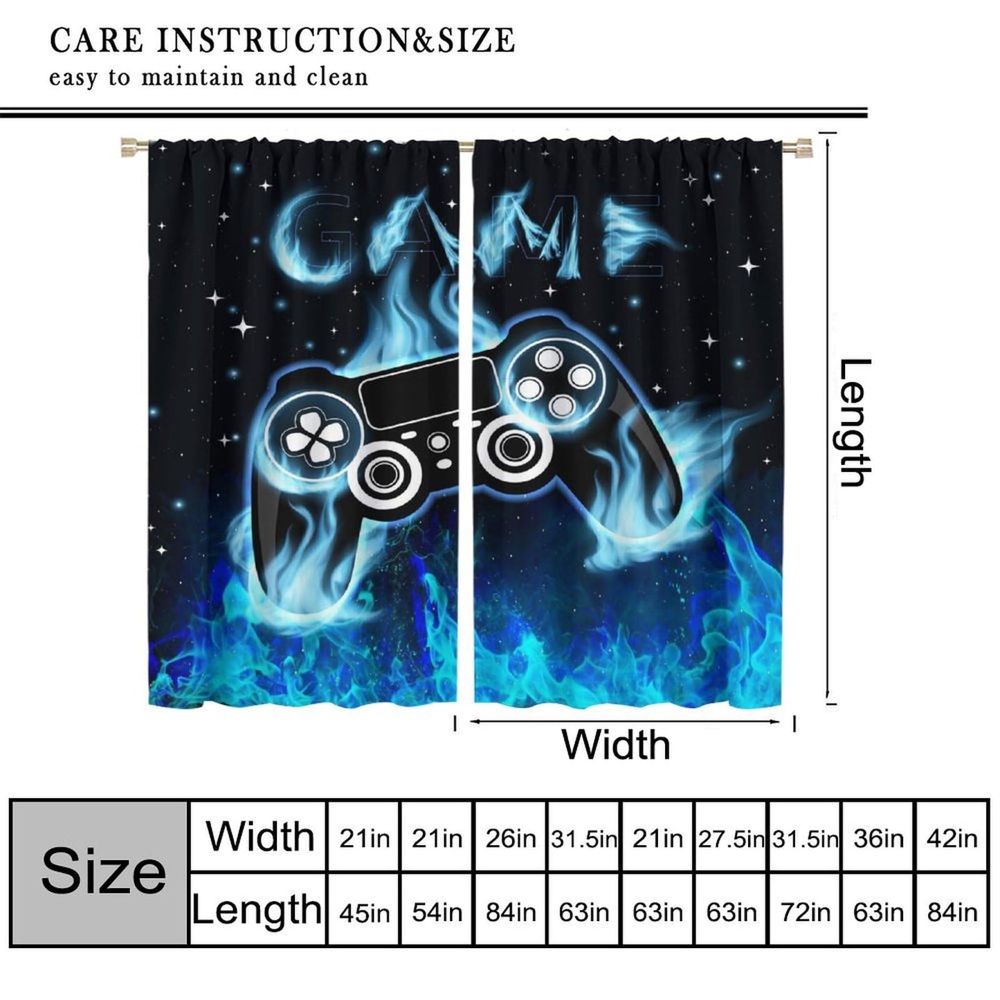 wlsgdsg Blue Gamer Curtains for Boys,Fantasy Cartoon Flame Video Computer Gamepad Starry Window Treatments Print for Kids Teenage Bedroom Living Room 41x44.5in（No Blackout）