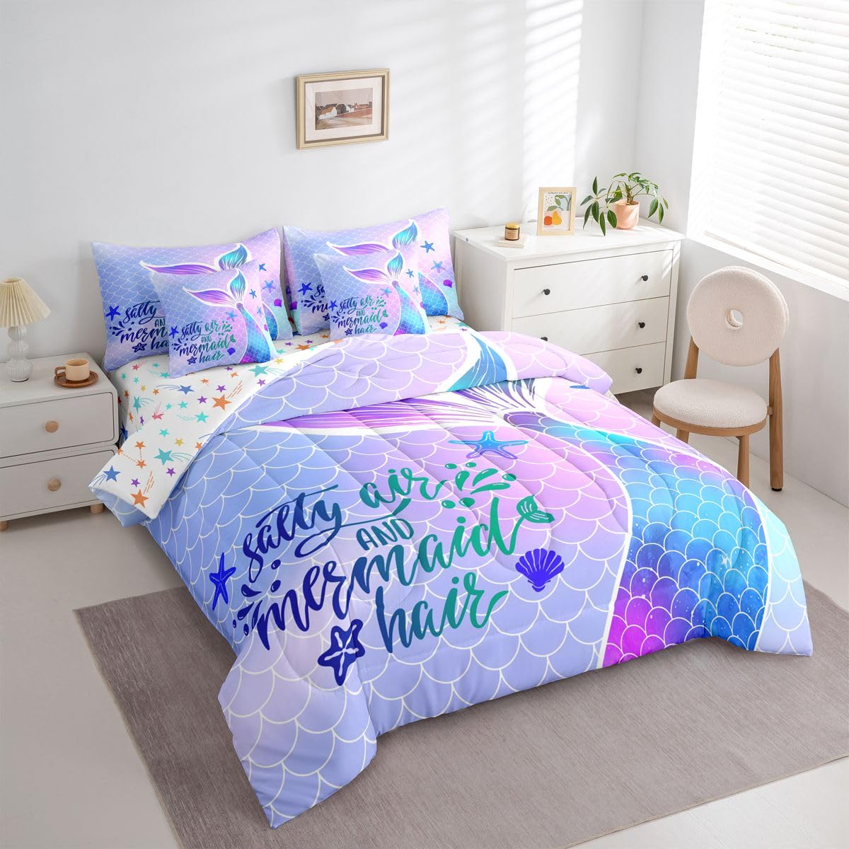 Mermaid Tail Queen Comforter Set with Sheets | Kids Fish Scales 7 Piece Bedding Set Girly Shell Starfish Ocean Life Sea Animal Bed in a Bag, Pastel Teal Purple Blue Kawaii Princess Room Decor