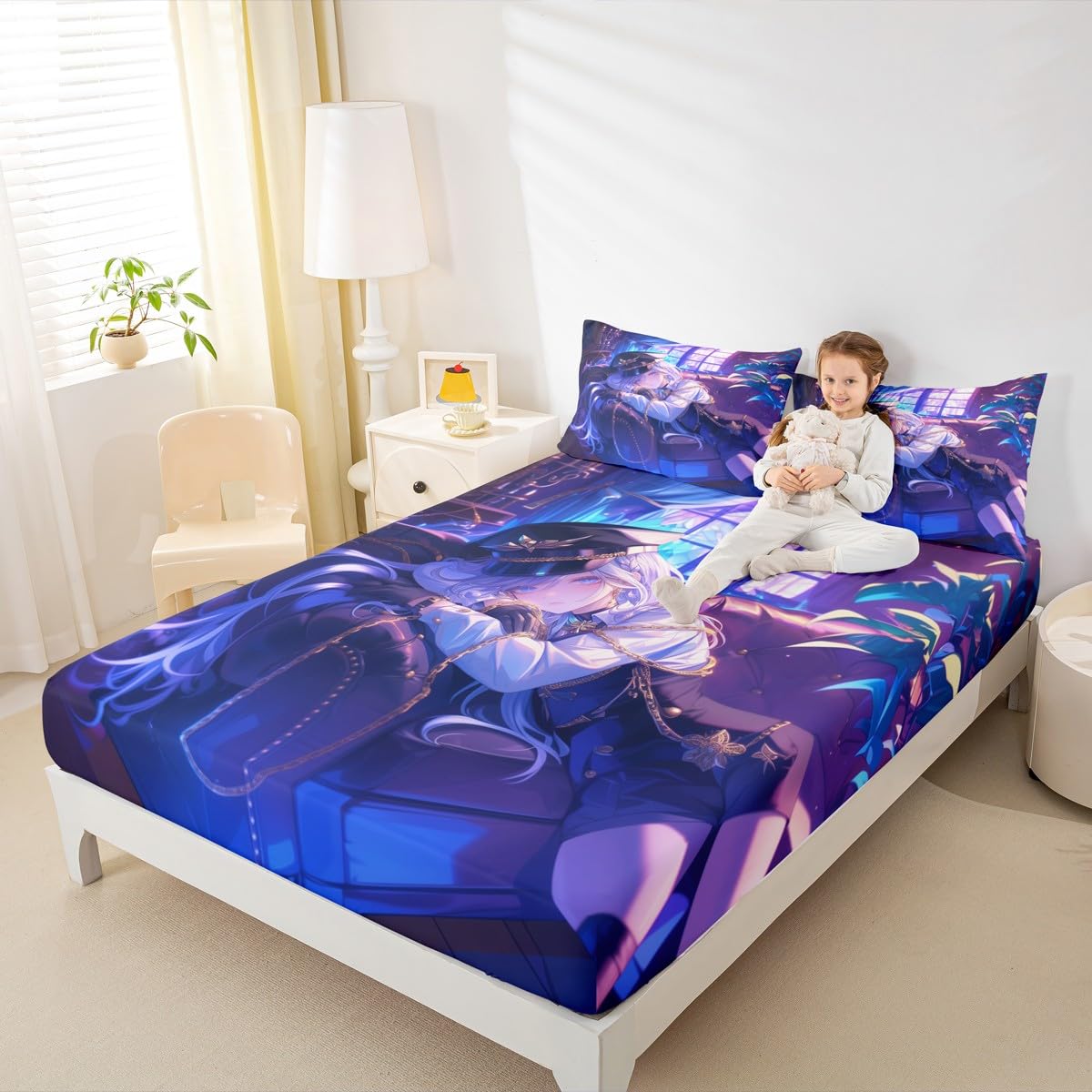 Erosebridal Anime Girl Fitted Sheet Full Size Japanese Anime Bed Sheets for Kids Boys Teens Women Bedroom Decor, Cartoon Girl Bedding Set Japanese Animation Kawaii Sheets, Purple